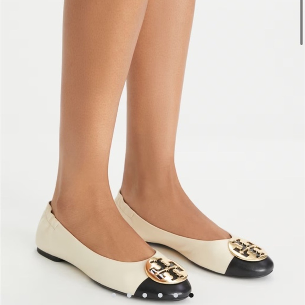 Tory Burch Claire Ballet Flat Cream and Black Loafers with Gold